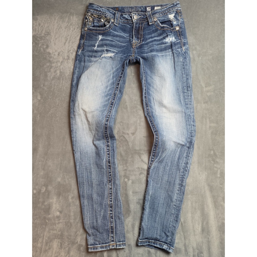 Miss Me Skinny Jeans Mid Rise Medium Wash Stretch Embellished Pocket Design 29